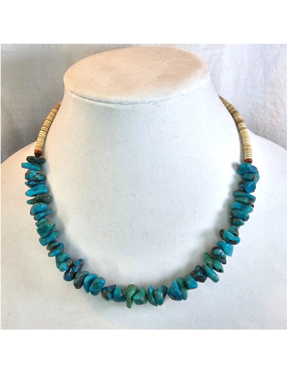 Vintage Natural Nugget Turquoise & Heishi Shell Beaded Chocker Necklace, 19”